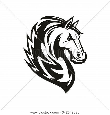 Racehorse Animal, Equestrian Sport Mascot, Isolated Horsey Tattoo. Vector Mustang Horse Head