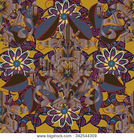 Vector Seamless Cute Flower Pattern. Holidays Mood. Flowers On Brown, Gray And Yellow Colors. Gentle