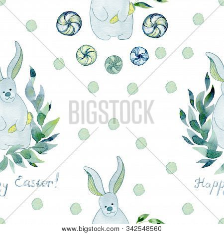 Seamless Watercolor Pattern On A White Background. Easter Bunny, Leaves, Candy.