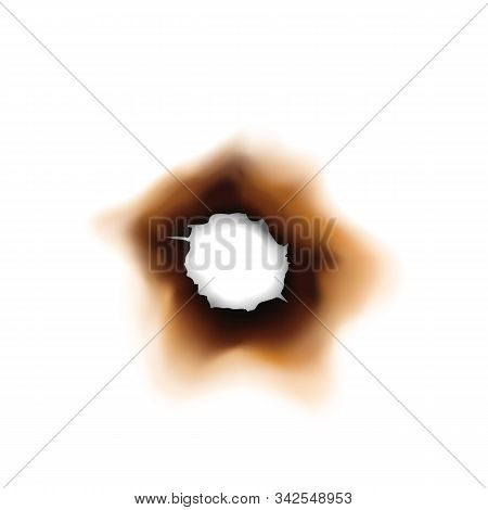 Paper Sheet Damaged By Fire Isolated Burnt Hole. Burnt Hole In Sheet Of Paper Isolated Damaged By Fi