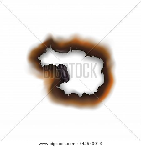 Paper Sheet Damaged By Fire Isolated Burnt Hole. Burnt Hole In Sheet Of Paper Isolated Damaged By Fi