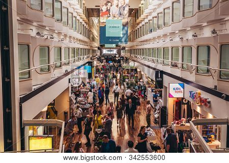 Editorial 06.19.2018 Ms Silja Serenade, The Promenade Deck Of The Big Car Ferry With Cabin Windows, 