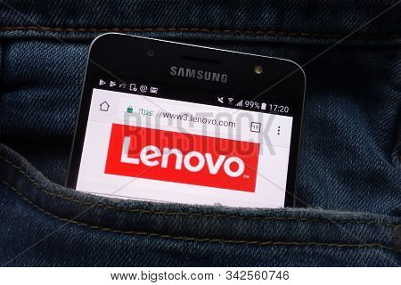Konskie, Poland - May 16, 2018: Lenovo Website Displayed On Samsung Smartphone Hidden In Jeans Pocke
