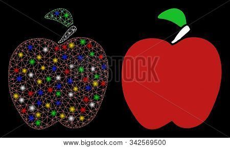 Bright Mesh Red Apple Icon With Glow Effect. Abstract Illuminated Model Of Red Apple. Shiny Wire Fra
