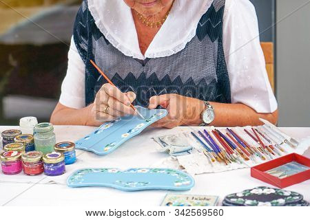 An Elderly Woman Paints Decorative Paintings With Oil. Retirement Hobby. Zoetermeer. Netherlands.