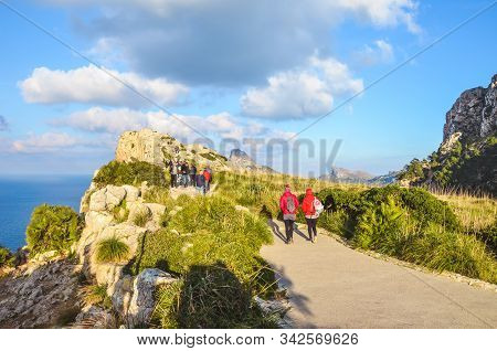 Mirador Es Colomer, Mallorca, Spain - Jan 19, 2019: Tourists Walking On A Popular Viewpoint On The C