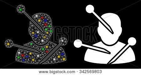 Glossy Mesh Voodoo Needles Icon With Glare Effect. Abstract Illuminated Model Of Voodoo Needles. Shi