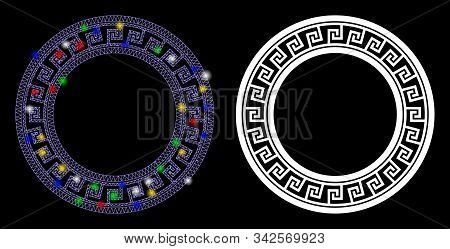 Glossy Mesh Greek Classic Round Frame Icon With Glare Effect. Abstract Illuminated Model Of Greek Cl