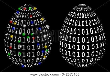 Glossy Mesh Binary Digital Abstract Egg Icon With Glitter Effect. Abstract Illuminated Model Of Bina
