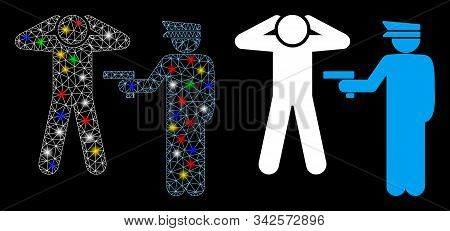 Glowing Mesh Arrest Icon With Glare Effect. Abstract Illuminated Model Of Arrest. Shiny Wire Frame P