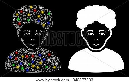 Glossy Mesh Brunet Man Icon With Glow Effect. Abstract Illuminated Model Of Brunet Man. Shiny Wire C