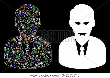 Glowing Mesh Dracula Icon With Glare Effect. Abstract Illuminated Model Of Dracula. Shiny Wire Frame
