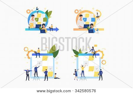 Planning Tasks Set. Office Workers Sticking Notes On Board. Flat Vector Illustrations. Business, Sch