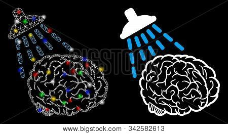 Glowing Mesh Brain Washing Icon With Lightspot Effect. Abstract Illuminated Model Of Brain Washing. 