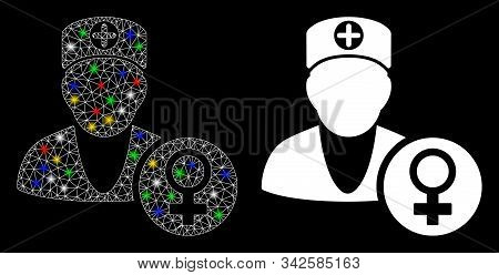 Flare Mesh Gynecology Doctor Icon With Sparkle Effect. Abstract Illuminated Model Of Gynecology Doct