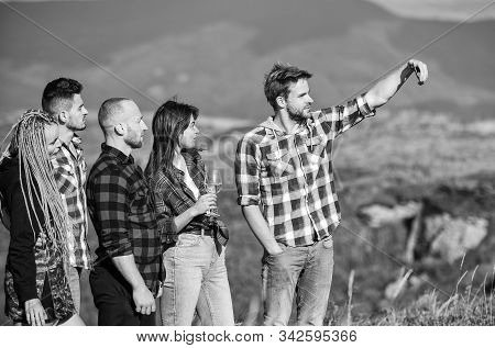 Selfie Time Concept. People In Nature Taking Happy Selfie Landscape Background. Capturing Memories. 