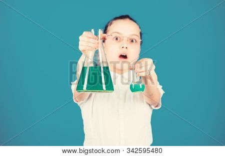 Education And Knowledge. Back To School. Child Study Bilogy Lesson. Small Smart Girl With Testing Fl