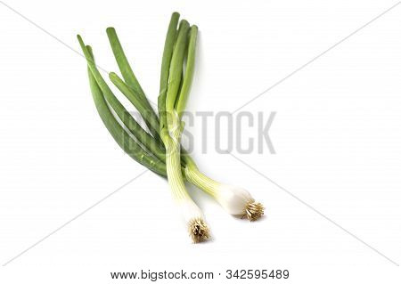 Fresh Ripe Green Spring Onions (shallots Or Scallions) On White Background