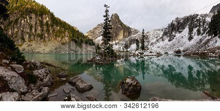 Beautiful Panoramic View Of A Glacier Lake In The Canadian Mountain Landscape During A Colorful And 