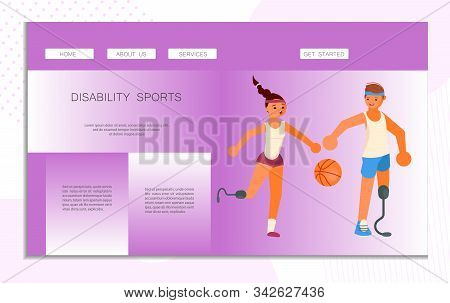 Landing Web Page Template Disability Sport. Prosthesis Users Man And Woman Play Basketbal. Disabled 