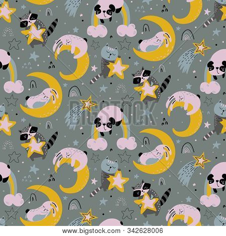 Vector Seamless Pattern With Cute Animals Fliyng And Sleeping On Moon And Rainbow.