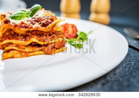 Traditional Italian Pasta Lasagne With Minced Meat, Tomato And Parmesan Cheese