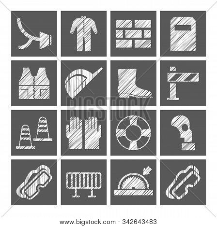 Safety At Work, Labor Protection, Icons, White, Gray, Pencil Hatching, Vector. Special Clothing And 