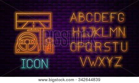 Glowing Neon Line Racing Simulator Cockpit Icon Isolated On Brick Wall Background. Gaming Accessory.