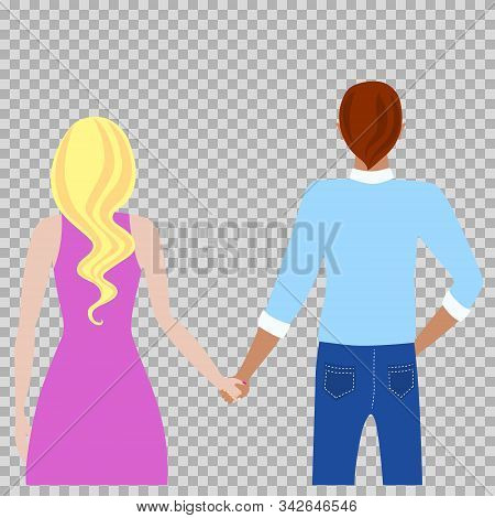 Couple Holding Hands Man And Woman View From The Back. Love Relationship Date Romantic Walk Together