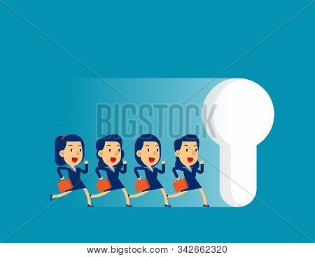 Business Team Running To Large Keyhole. Concept Cute Business Vector Illustration,  Achievment, Moti