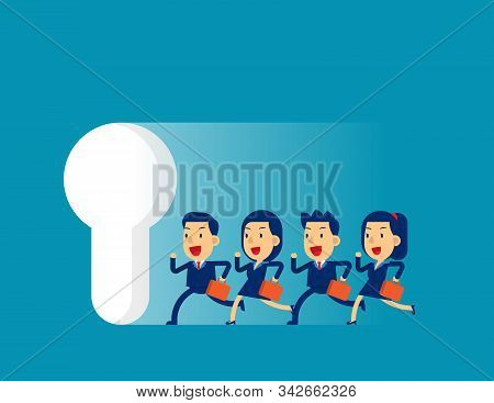 Business Team Running To Large Keyhole. Concept Cute Business Vector Illustration,  Achievment, Moti