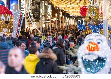 Andorra La Vella, Andorra : 2019 August 22 : People Walk In The Comercial Street Named Meritxell. An