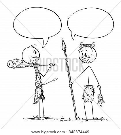 Vector Cartoon Stick Figure Drawing Conceptual Illustration Of Two Cavemen, Prehistoric, Native Or I