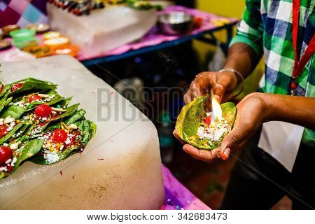 Fire Paan, A Special Variety Of Flaming Betel Leaf Being Prepared In The Hands Of Seller