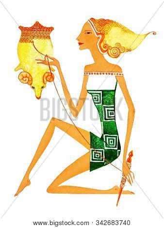 Barefoot Girl Ias A Symbol Of The Sign Of The Zodiac Of Aries. Young Girl Spins Yarn From A Fleece S