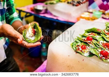 Fire Paan, A Special Variety Of Flaming Betel Leaf Being Prepared In The Hands Of Seller
