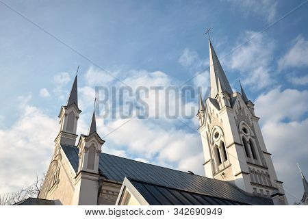 Towers And Crosses On Roof Of Lutheran Church Of St. John Monument Of 18th Century Architecture Neo-