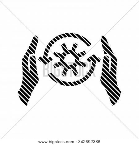 Stripped Protecting Hands Vector Icon With Gear Recycle. Open Hands Made Of Lines. Stock Vector Illu