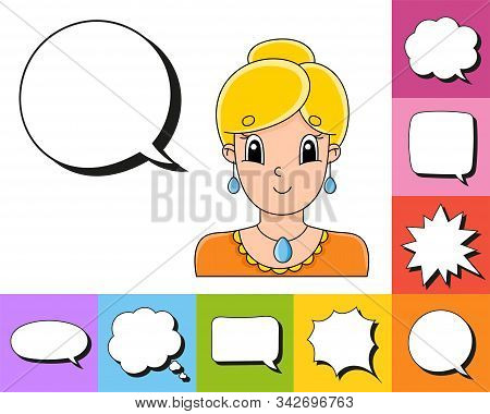Set Of Speech Bubbles Of Different Shapes. With A Cute Cartoon Character. Beautiful Cute Fashionable