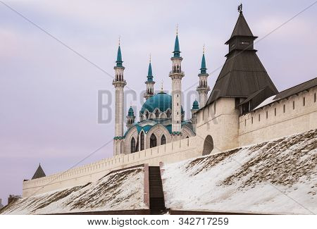 Wall And Towers Of The Kazan Kremlin And Kul Sharif Mosque On A Cloudy Winter Day. Kazan, Tatarstan,