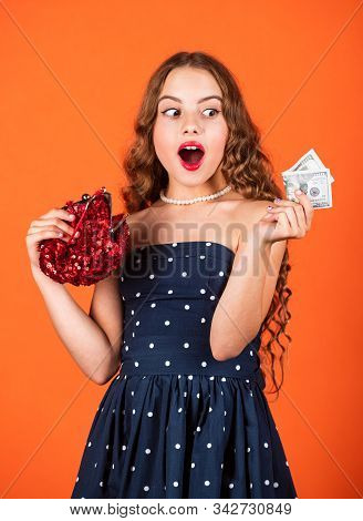 Rich Girl Kid Show Money Cash. Pick Out Dollars From Wallet. Child Living Well Off. Luxury And Succe