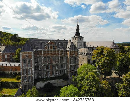 Aerial View Of Floreffe Abbey During Summer Day, Belgium. Old Abbey Where They Produced Famous Flore