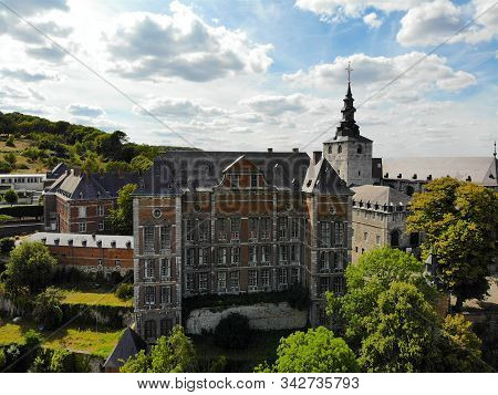 Aerial View Of Floreffe Abbey During Summer Day, Belgium. Old Abbey Where They Produced Famous Flore