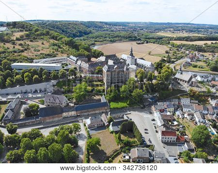 Aerial View Of Floreffe Abbey During Summer Day, Belgium. Old Abbey Where They Produced Famous Flore