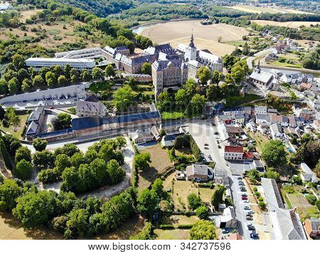 Aerial View Of Floreffe Abbey During Summer Day, Belgium. Old Abbey Where They Produced Famous Flore