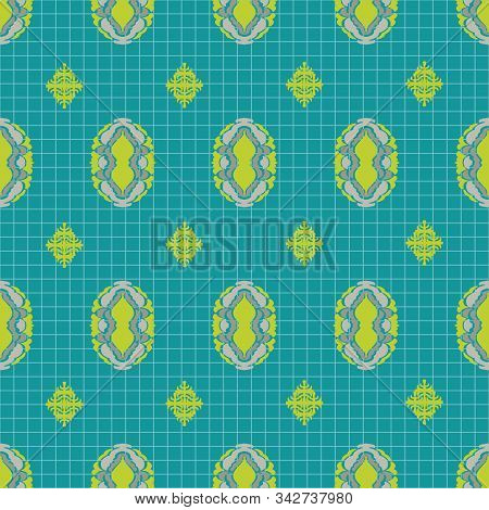 Ornate Oval Diamond Vector Seamless Pattern In Chartreuse And Teal