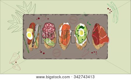 Five Delicious Tapas On A Stone Board