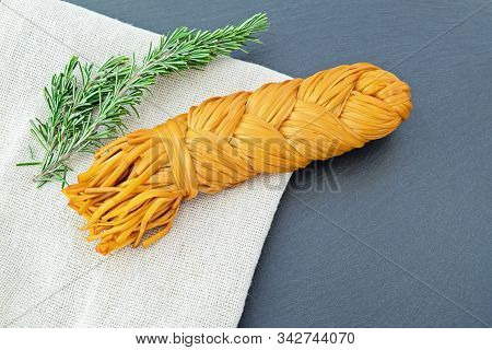 Armenian Traditional Chechil Smoked Cheese On Stone Slate Background