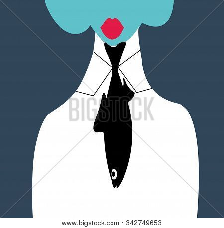 Illustration Of A Woman With The Tie In The Shape Of A Fish And Red Lips