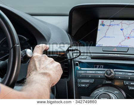 Morgantown, Wv - 2 January 2020: Amazon Echo Auto Smart Voice Operated Device Installed In A Car To 